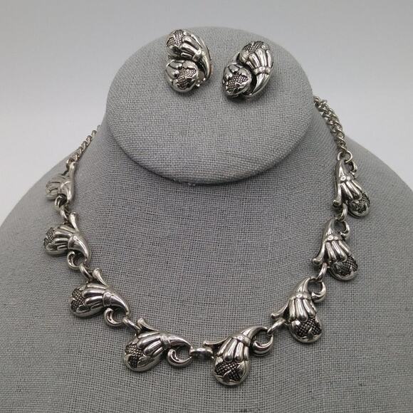 Vintage Floral Choker Necklace Clip Earrings Set, Silver Tone, 15 1/2 In & 1 In - Picture 2 of 10
